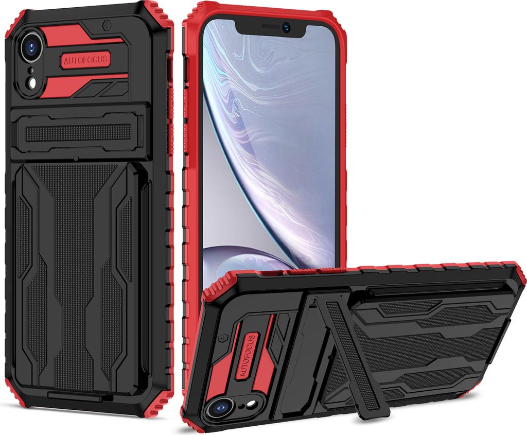 iPhone XR Hülle, Hybrid Robust Schutz Stoßfest Schutzhülle mit Kartenhalter Ständer für iPhone XR Rot