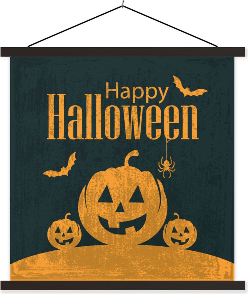 MuchoWow Textilposter Happy Halloween umgeben von Fledermäusen und Kürbissen in einer Illustration 120x120 cm mit schwarzem Rahmen - Aufhängun...