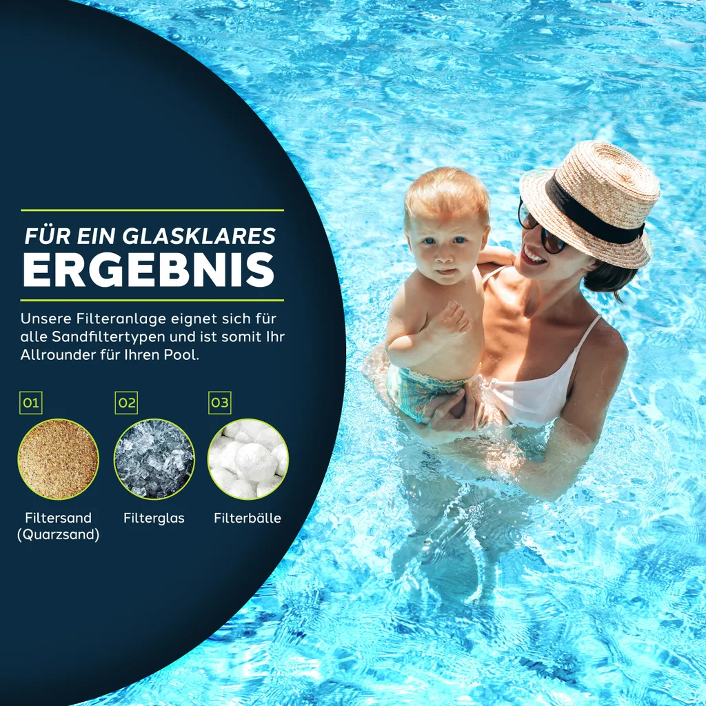 tillvex sistema di filtraggio a sabbia per piscina 10 m³/h incl. 800 g di sfere filtranti nere | sistema di filtraggio valvola a 7 vie & adattatore 2in1 Ø32mm - 38mm | filtro per piscina con indicatore di pressione | filtro a sabbia per piscine - 8
