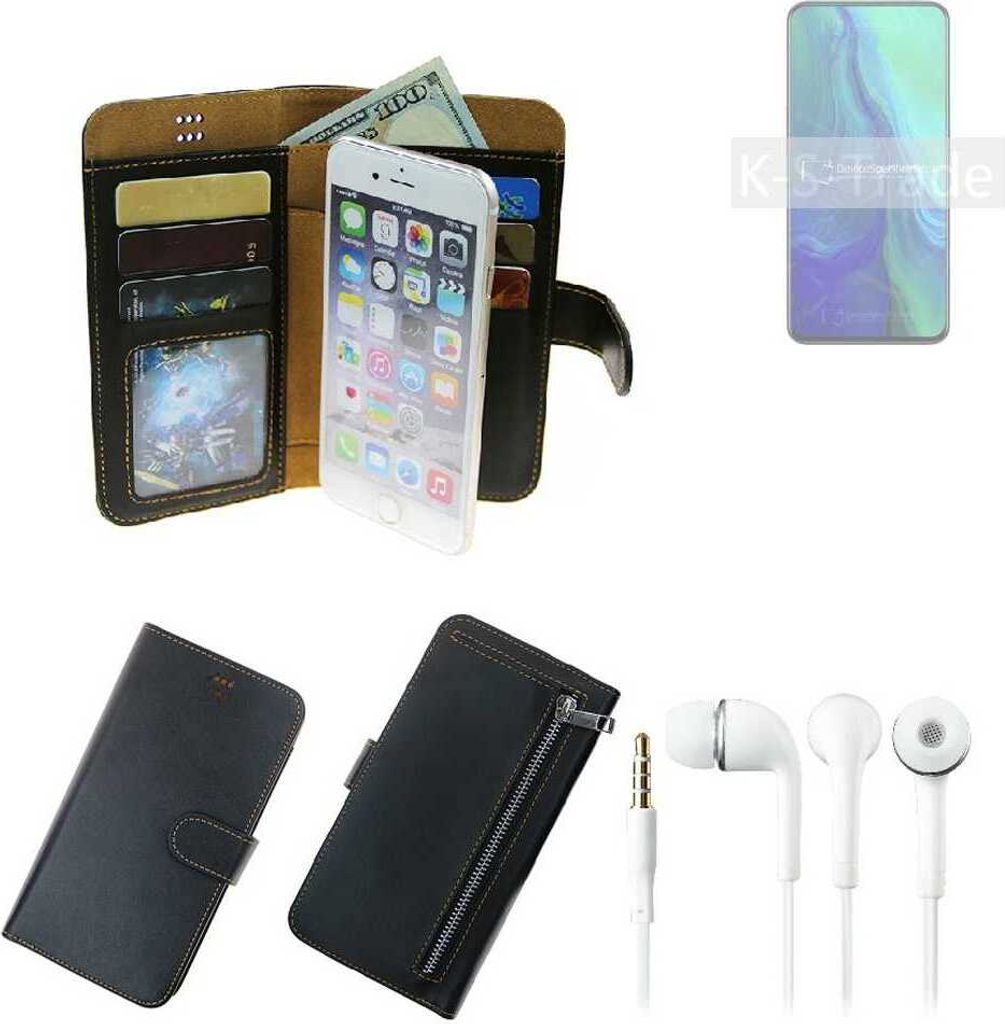 TOP SET Handy Hülle Schutz Hülle kompatibel mit Oppo Reno2 5G schwarz aus Kunstleder + Kopfhörer Smartphone Tasche vollwertige Geldbörse