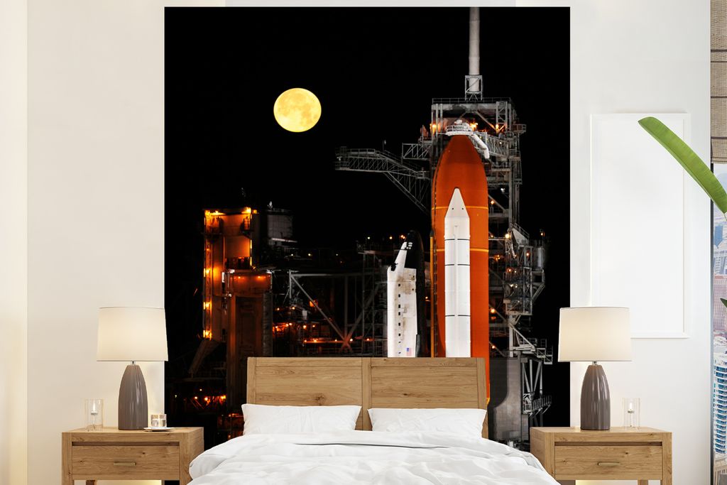 MuchoWow Fototapete für Wohnzimmer oder Schlafzimmer Wandtapete Vinyl Motivtapete Mond - Rakete - Weltraum - 180x220 cm - Tapezierpapier