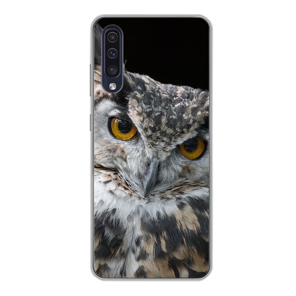 MuchoWow Handyhülle Schutzhülle Hülle für Samsung Galaxy A50 Porträt einer braunen Eule auf schwarzem Hintergrund Silikon Softcase Handy Hü...