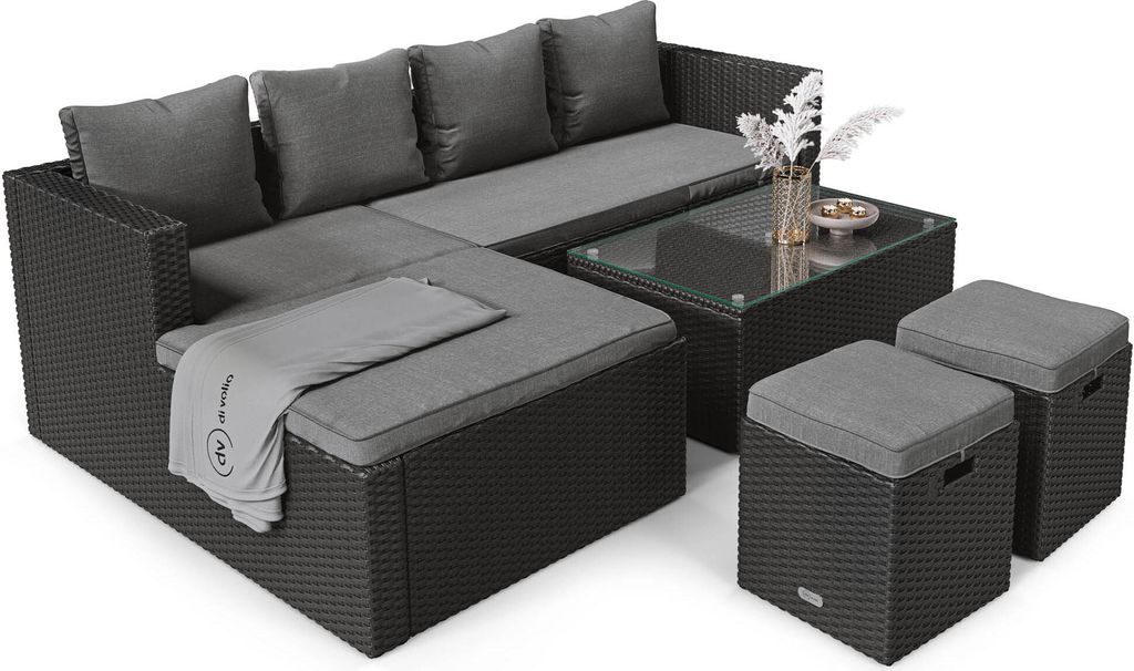 di volio Gartenmöbel-Set BOLOGNA, Terrassenmöbel Lounge Set aus Polyrattan - Ecksofa, Tisch & 2 Hockern, wetterfeste & langlebige Sitzgruppe