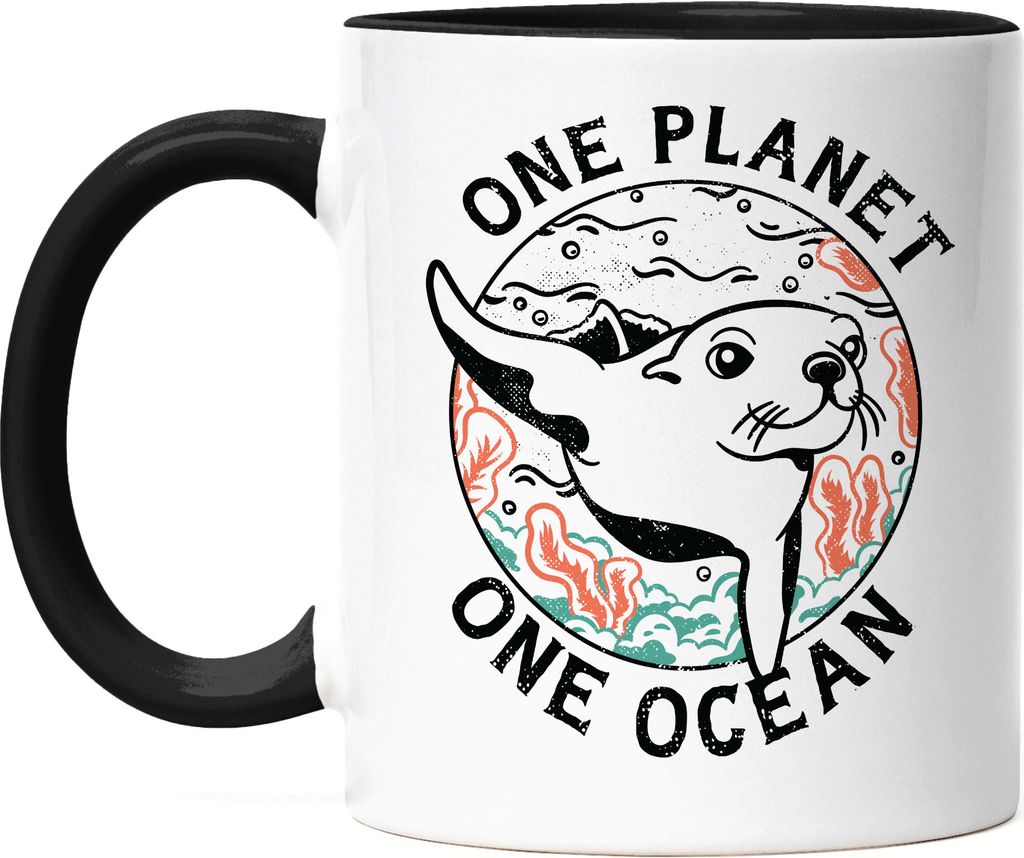 One Planet One Ocean Tasse Schwarz Naturschutz Umweltverschmutzung Ozean Seelöwe Robbe