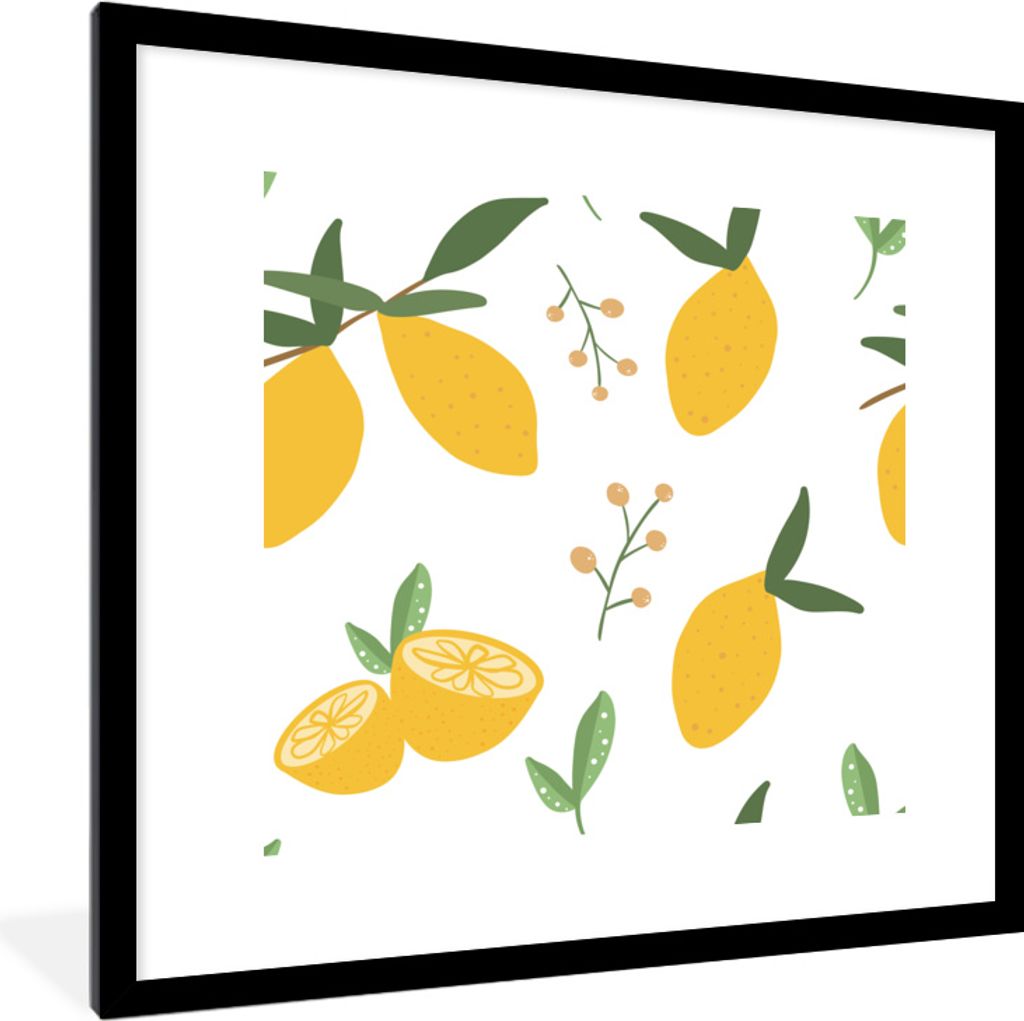 MuchoWow MuchoWow Gerahmtes Poster Zitrone - Obst - Muster - Weiß 40x40 cm - Poster mit zchwarzem Bilderrahmen - Poster - Plakat im Rahmen