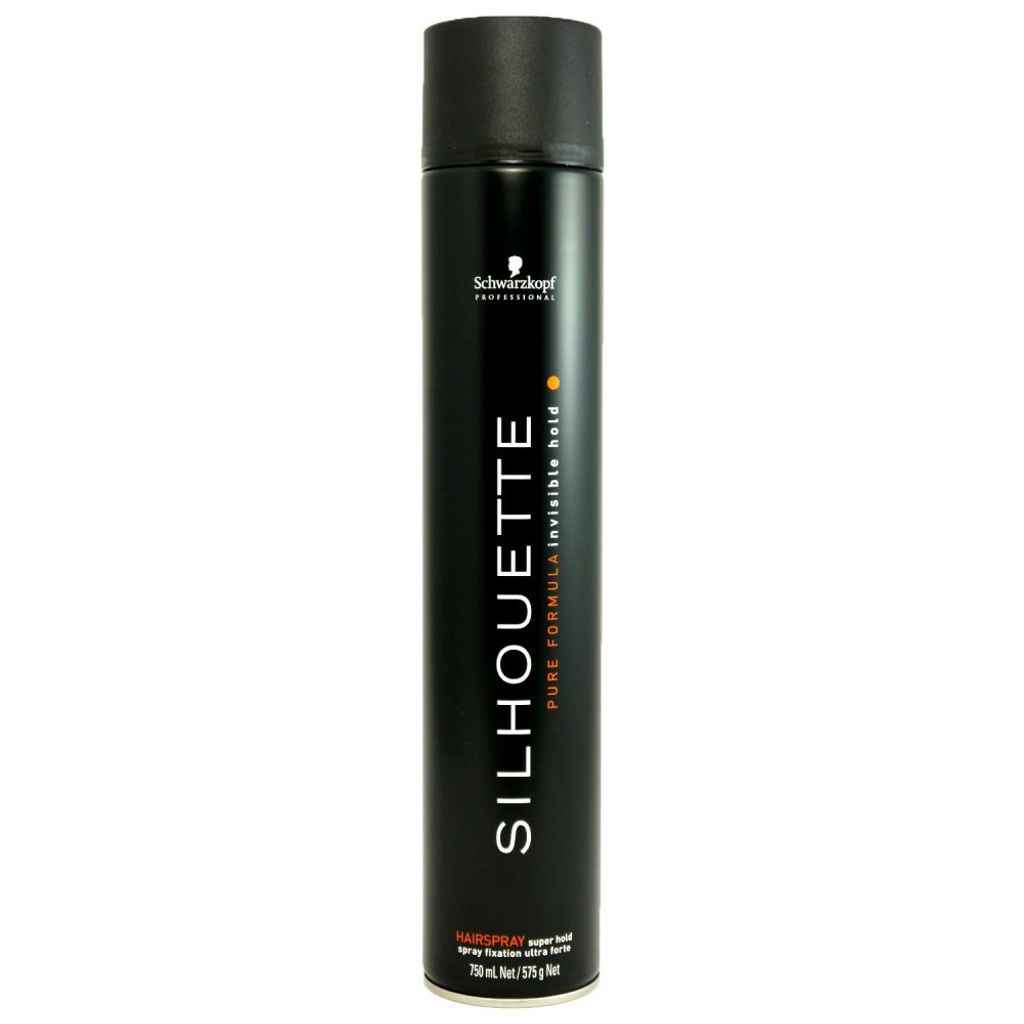 A black aerosol can of hairspray with white and orange text on a white background.