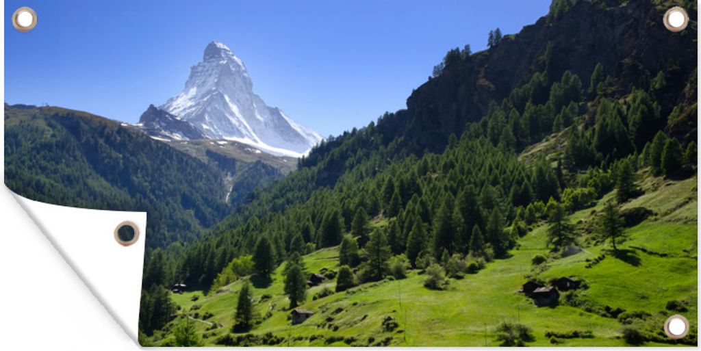 MuchoWow 60x30 cm Outdoor-Poster Gartendeko Sichtschutz Garten Poster für den Garten Schweizer Alpen im Matterhorn mit grünen Bäumen