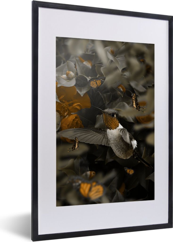 MuchoWow MuchoWow Gerahmtes Poster Vogel - Kolibri - Gold 40x60 cm - Poster mit zchwarzem Bilderrahmen - Poster in Rahmen