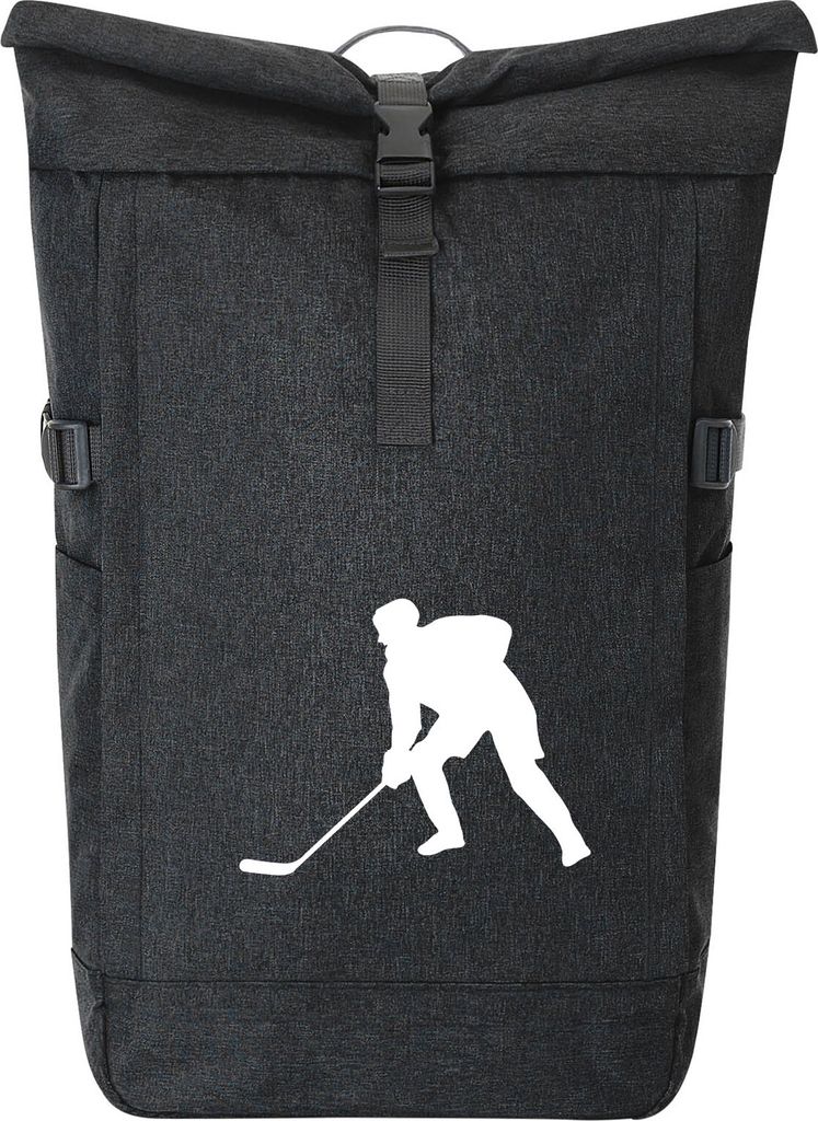 Huuraa Kurierrucksack Eishockey Silhouette 30-44 Liter Black Melange Fairtrade Rolltop Rucksack Geschenkidee