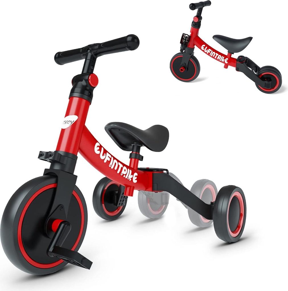 5 in 1 Laufräder Laufrad Kinderdreirad Dreirad Lauffahrrad Lauflernhilfe für Kinder ab 1 Jahre bis 4 Jahren - Rot