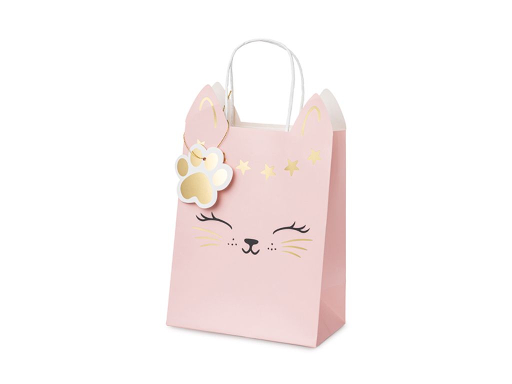 Geschenktüte Katze mit Henkel 18x10x27cm Hellrosa / Gold