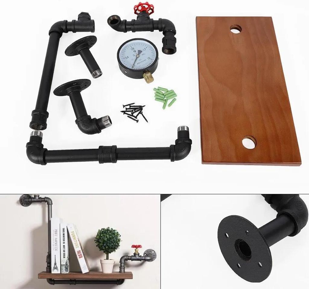 Industrielles Wandregal - Rohrregal mit Wasserzähler-Design - Stahl und Holz - Tragkraft 25 kg - Für Wohnzimmer Küche Büro
