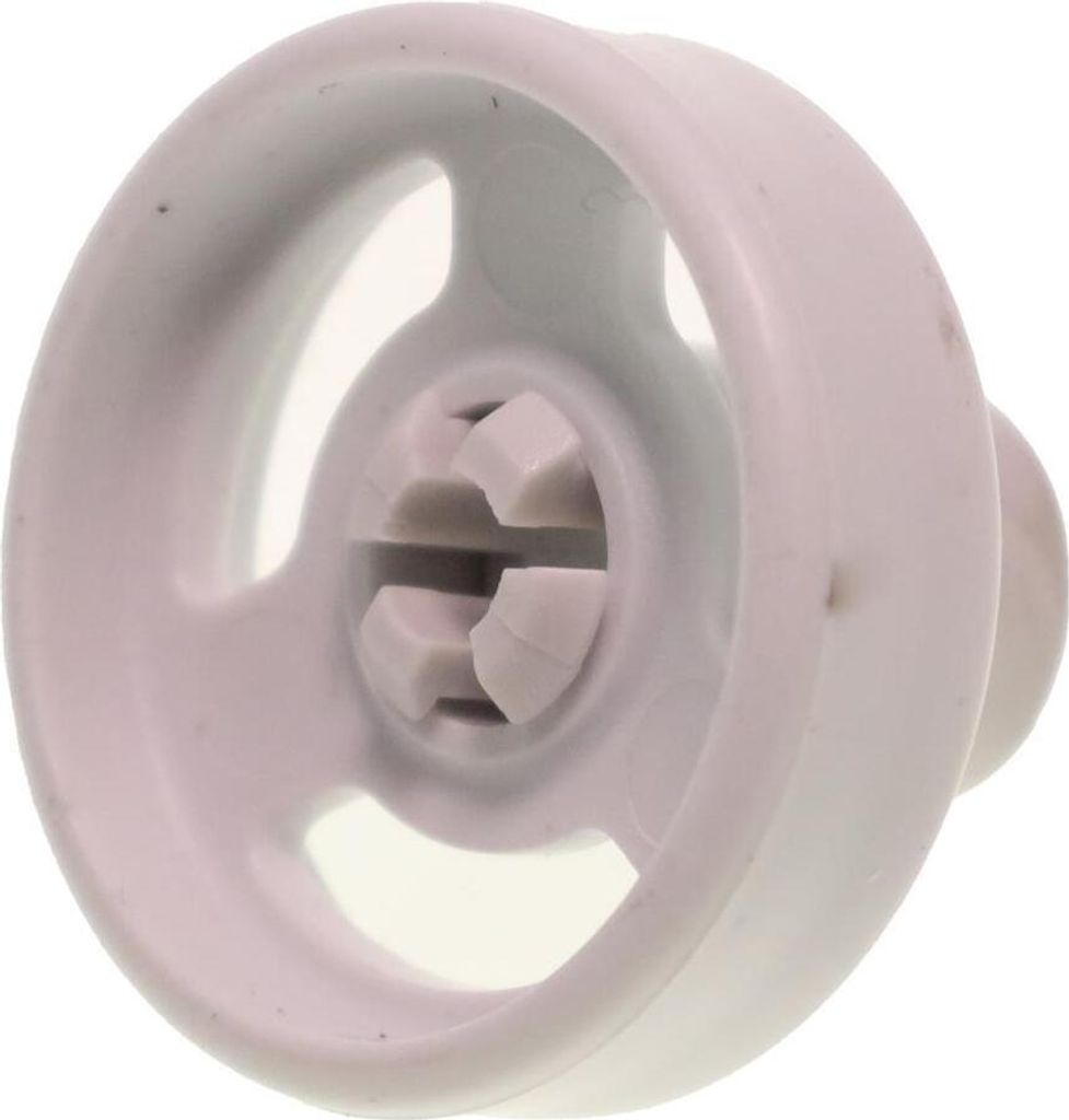 A close-up, isolated view of a white plastic dishwasher basket component.