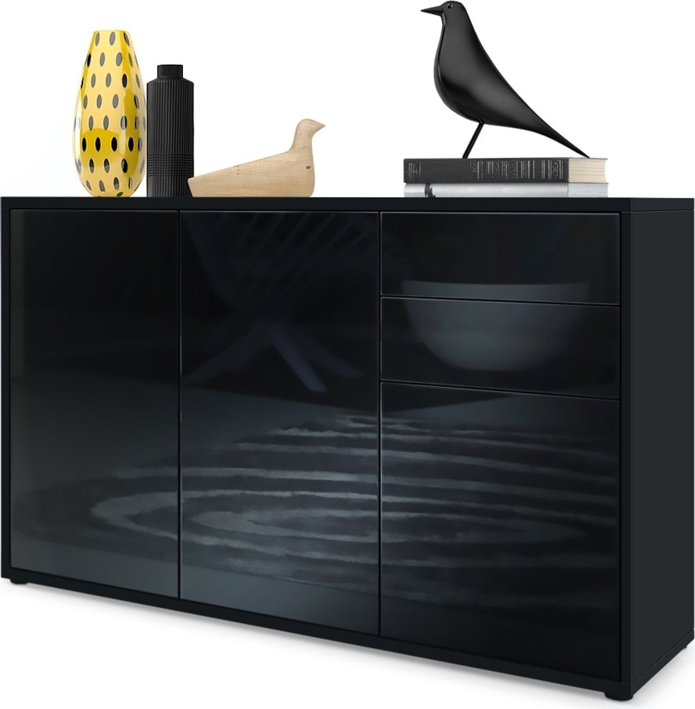 Vladon Sideboard Ben V3, Kommode mit 3 Türen und 2 Schubladen, Schwarz matt/Schwarz Hochglanz (117 x 74 x 36 cm)