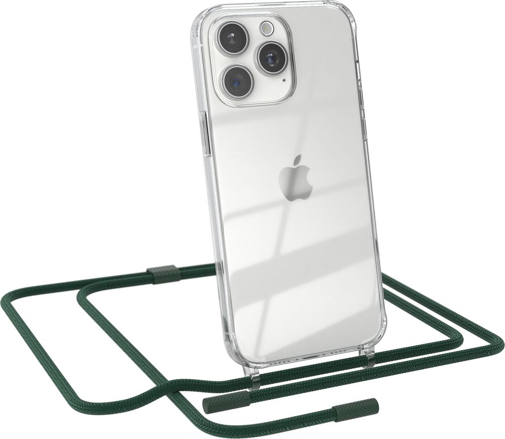 EAZY CASE Handykette für Apple iPhone 15 Pro Max, Clear Case aus Silikon, mit Umhängeband, abnehmbare Endstücke, Handyband in Grün