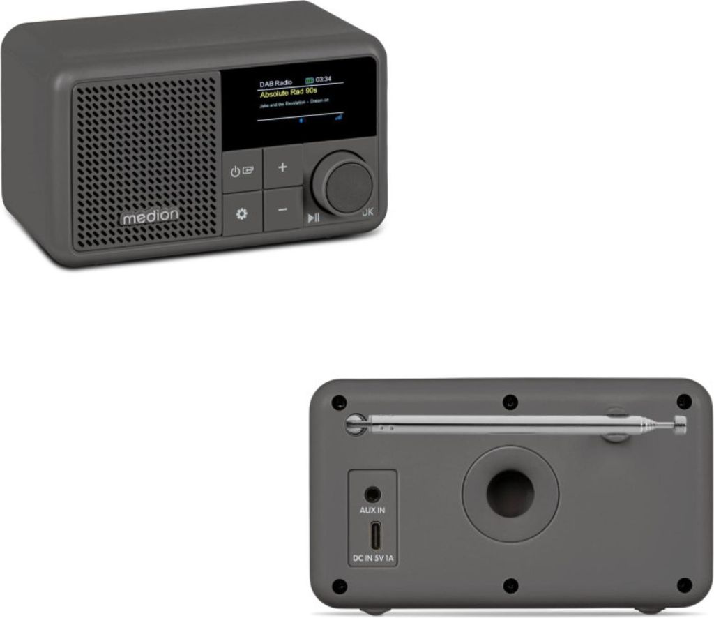 A top and bottom view of a gray MEDION DAB+ radio.