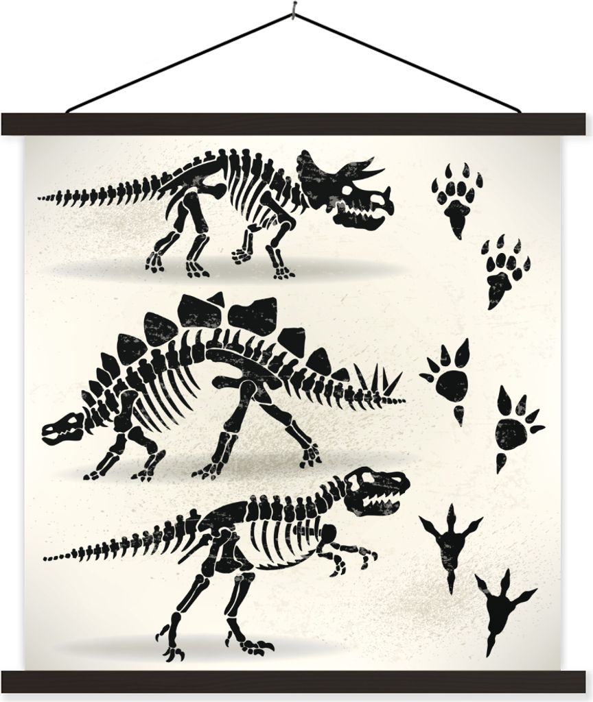 MuchoWow Textilposter Dinosaurier - Skelett - Pfotenabdruck - Zeichnung - Kinder - Kids - Kinder 60x60 cm mit schwarzem Rahmen - Posteraufhänger