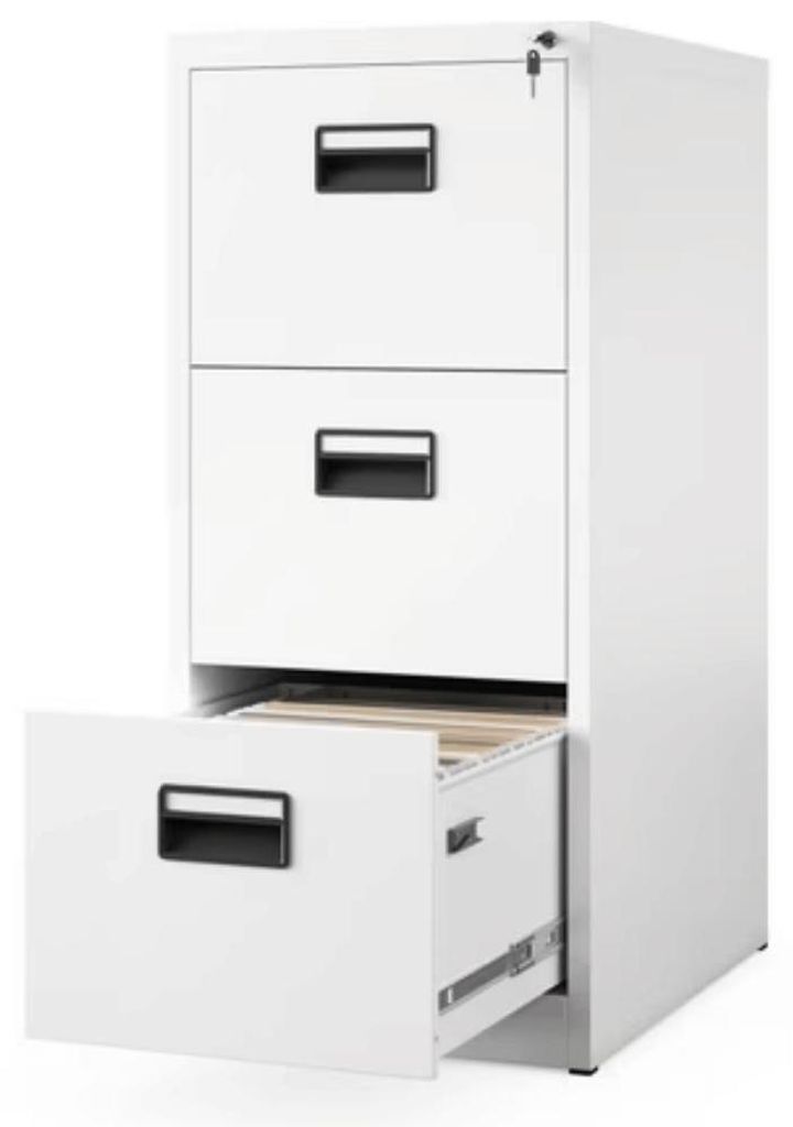 Hängeregisterschrank abschließbar SARA 3 Schubladen mit Schloss | Aktenschrank Büroschrank aus Stahl Metallschrank 102x46x62cm Weiß