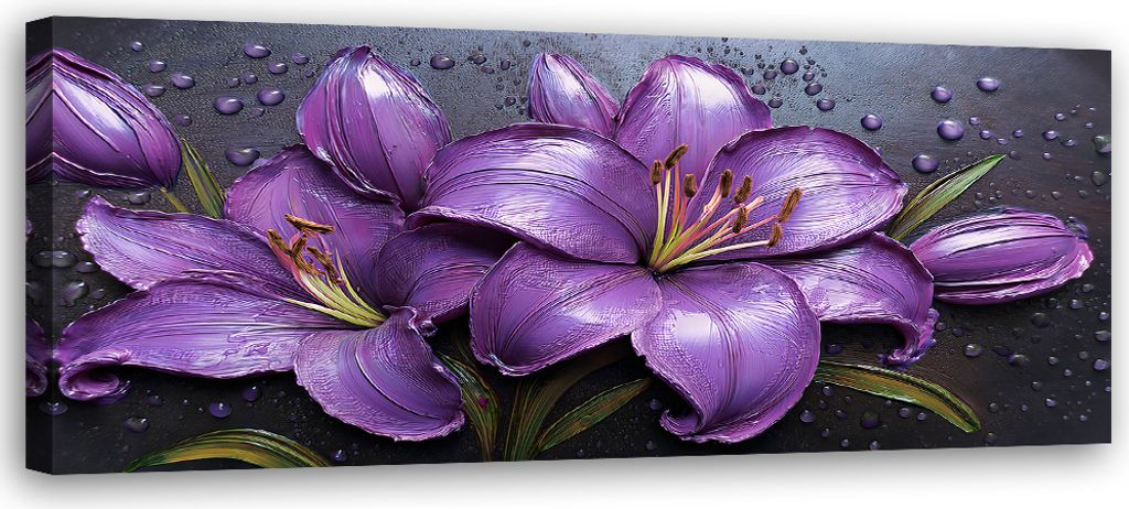 Leinwandbild Lila Lilien Blumen Tautropfen 90x30 Feeby Violett bild für die wand bereit zum aufhängen