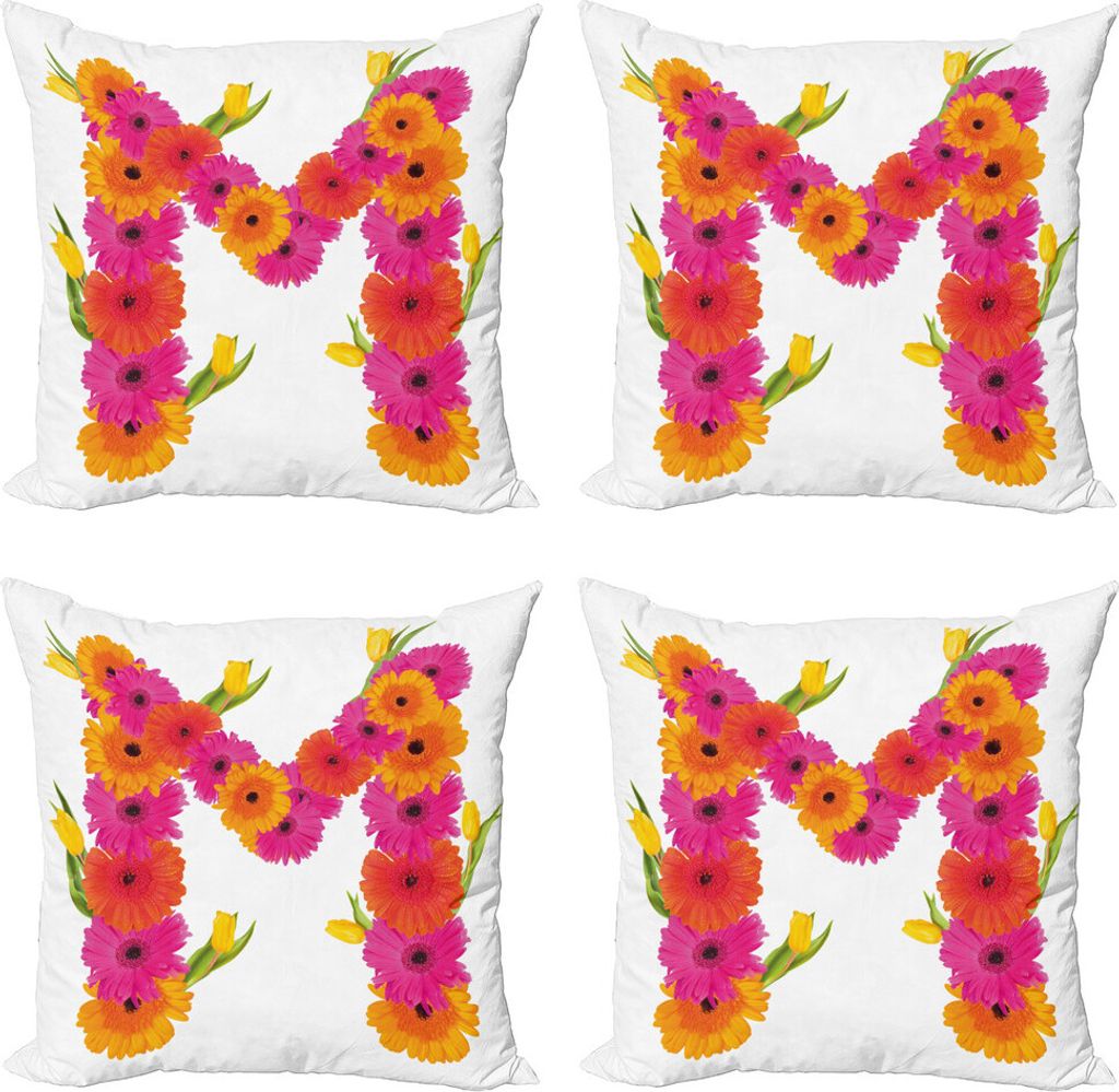 ABAKUHAUS Buchstabe M Kissenbezug Set (4 Stück), Gerbera Blumen Tulpen, Moderner Doppelseitiger Digitaldruck, 45 cm x 45 cm, Hot Pink Orange Grün
