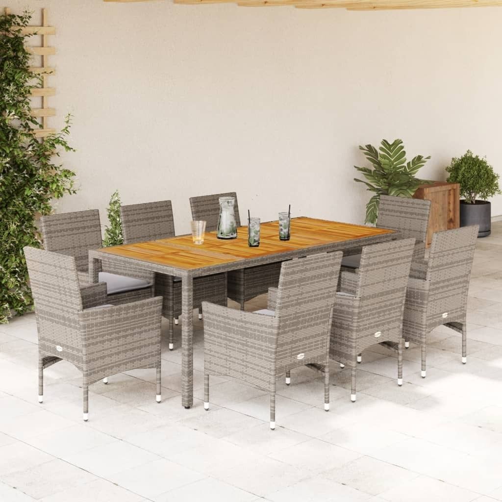 Maison Exclusive - 9-tlg. Garten-Essgruppe mit Kissen Grau Poly Rattan Akazie