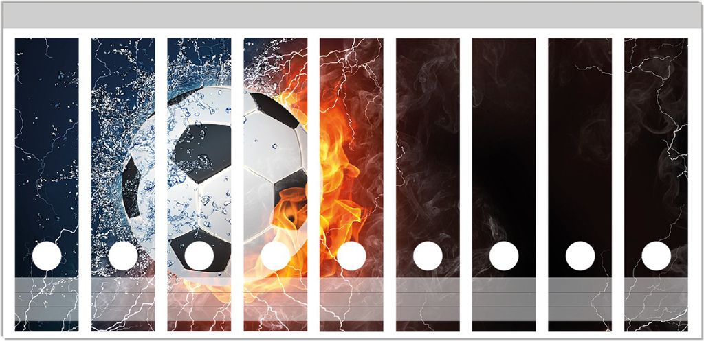 Wallario Ordnerrücken Sticker, selbstklebend für breite Ordner, 9 Stück, Motiv Fußball - Feuer und Wasser