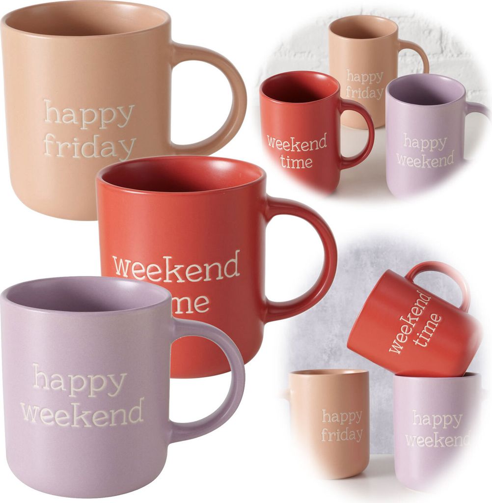 LS-LebenStil 3 ́er Set Kaffeebecher 420ml Spruch "Weekend" XXL Jumbo Becher Henkelbecher Kaffeetasse Porzellan / Keramik Kaffeepott Tasse Milchkaffe