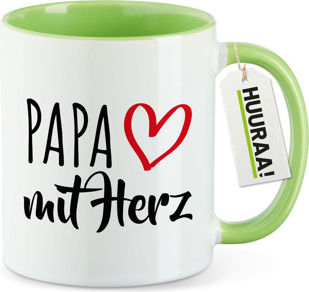 Huuraa Kaffeetasse Papa mit Herz 330ml Grün Keramik Kaffeebecher Geschenkidee