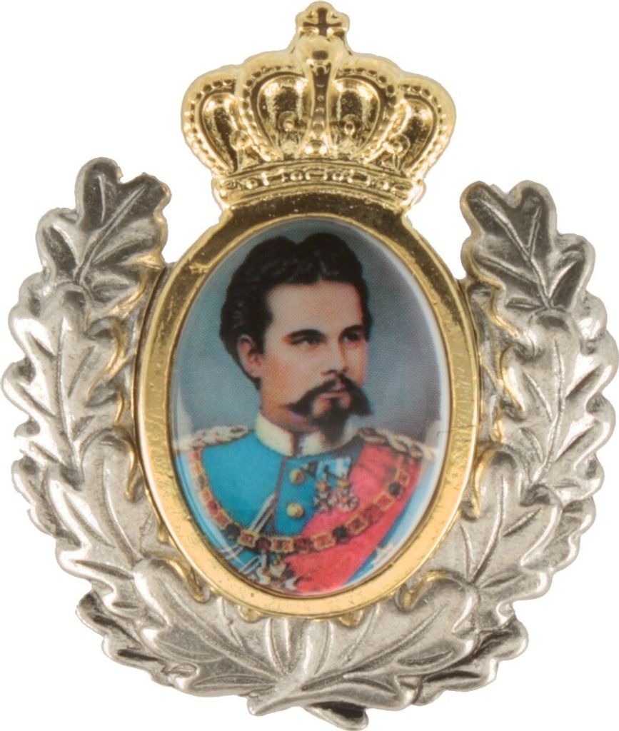 Hutanstecker König Ludwig II. mit goldenem Einsatz und Ehrenkranz von Hut-Breiter in bunt