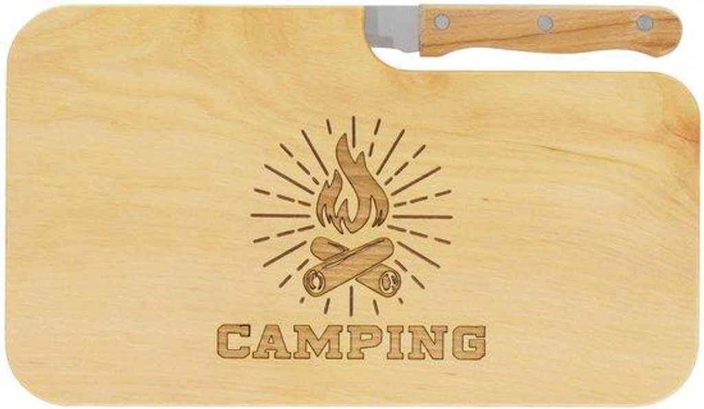 Houten Camping-Snackplank mit Gravur & Messer, 26 x 15 cm, Holz-Snack-Platte