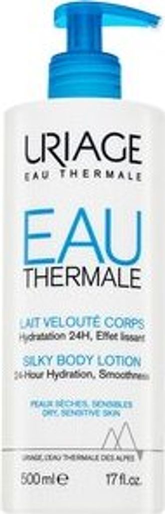 A white bottle of Uriage Eau Thermale Silky Body Lotion with a blue pump dispenser.