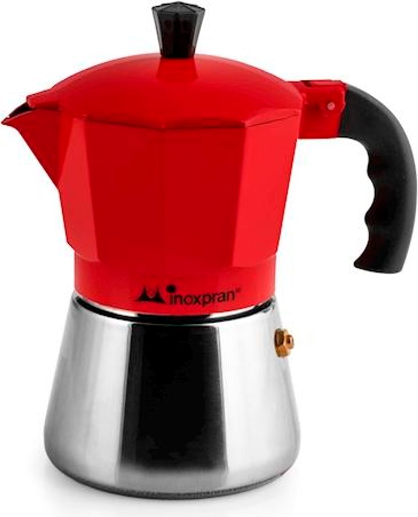 Kaffeemaschine aus Aluminium mit Edelstahlboiler, drei rote Tassen