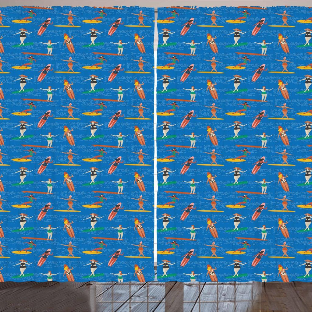ARANDE Surfen Gardine, Frau Surfers im Bikini auf Meereswellen Art Deco Style Pattern Sommer Aktivität Hobby, 280 x 245 cm, Mehrfarbig