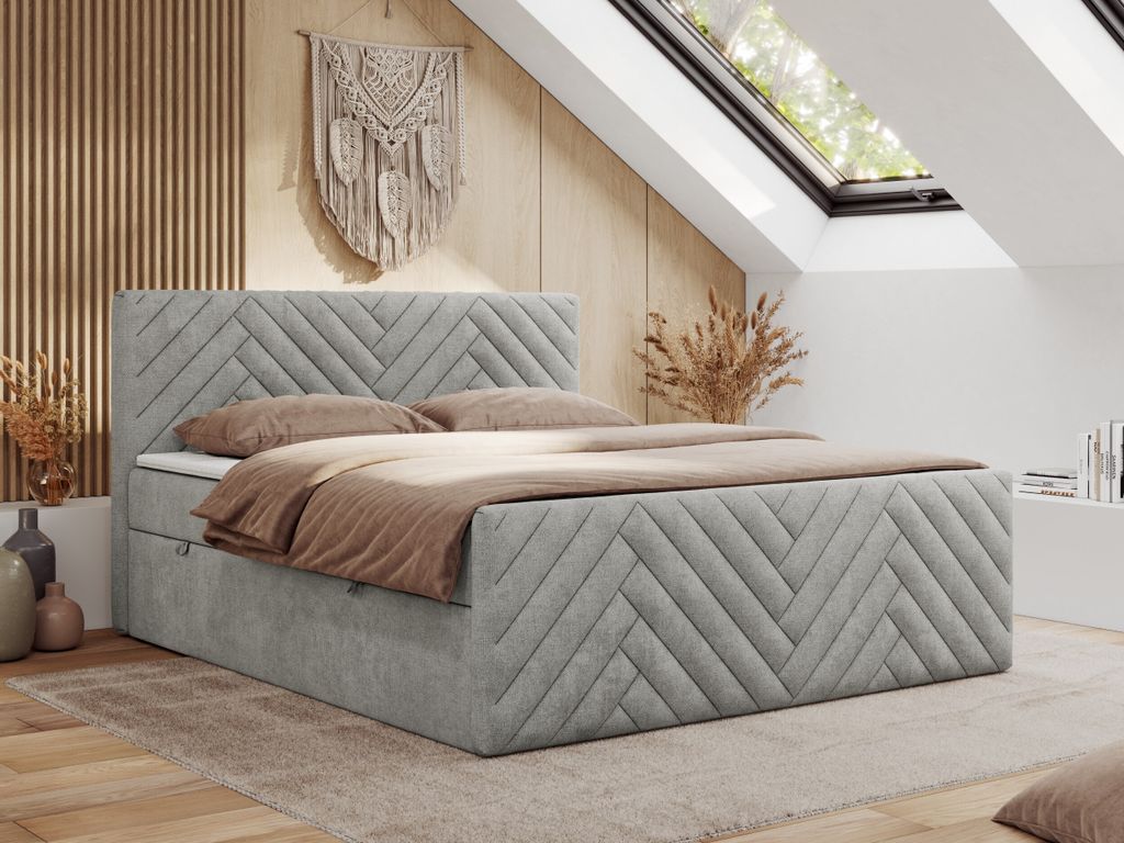MKS MEBLE Boxspringbett 160x200 mit Bettkasten Matratze H3 - Paris Duo - Hellgrau Strukture
