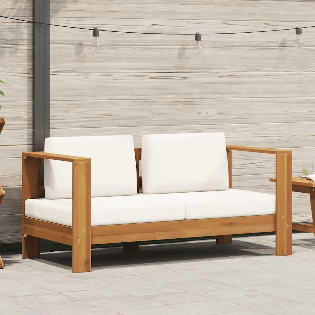 Banc de jardin 2 places en acacia et coussins blanc crème pour terrasse