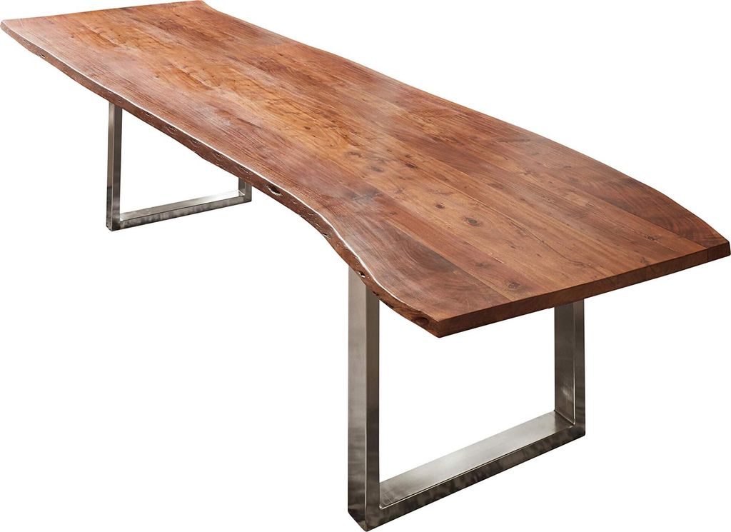 Esszimmertisch 260x100 cm Umea, Baumkantentisch nussbaumfarben, Akazienholz massiv, U-Gestell Edelstahl gebürstet