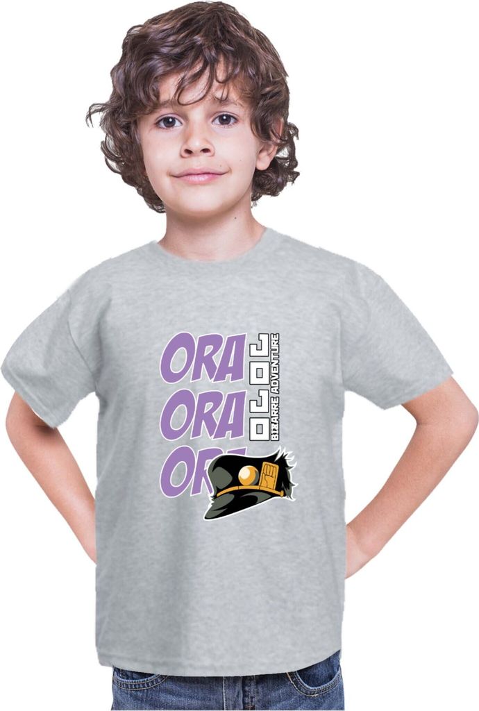 Kinder T-Shirt Japan Anime Manga Jojo Bizzare Adventure Ora Ora Ora, 9-11 Jahr - 140 / Grau
