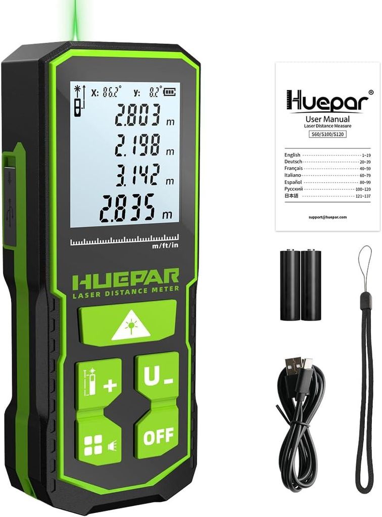 Huepar S100-G Laser-Entfernungsmesser 100m Grün, Dual-Winkel, USB-C, IP54