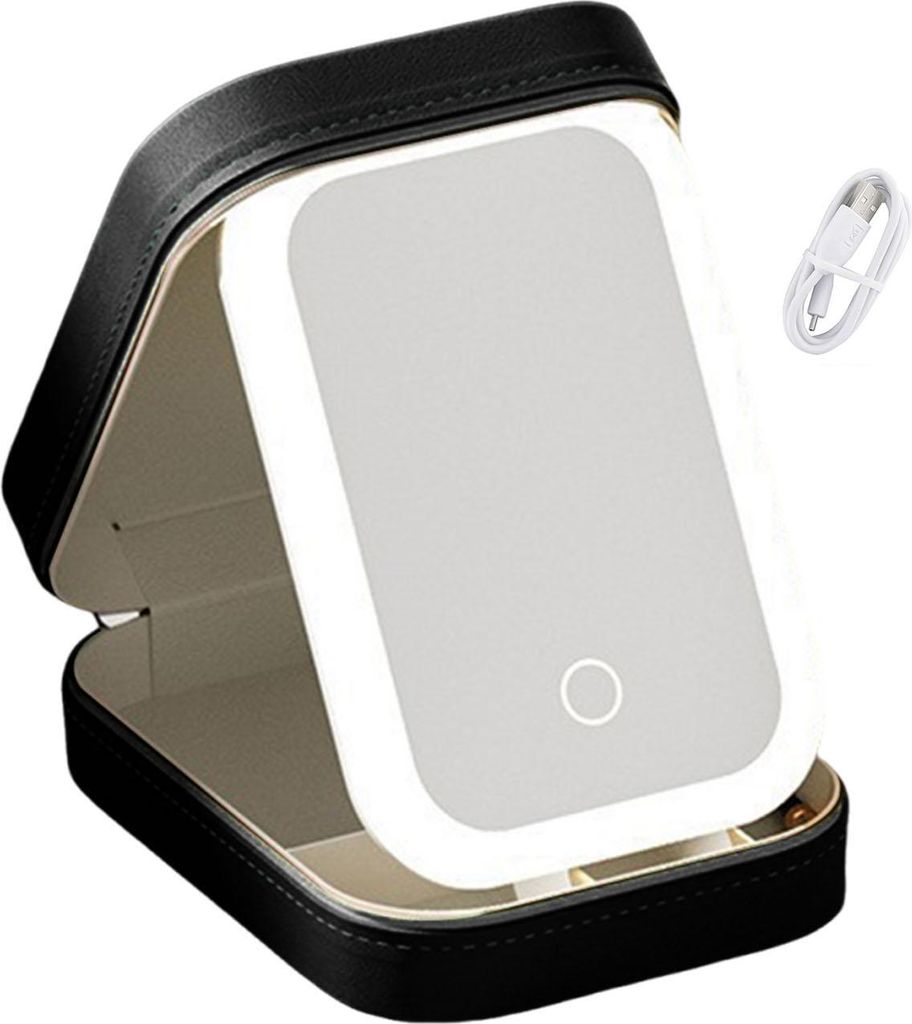 Reise-Make-up-Tasche mit LED-Spiegel, wiederaufladbar über USB, 3 Farben, verstellbar, beleuchteter Kosmetikspiegel, tragbarer Mini-Reisespiegel, ...