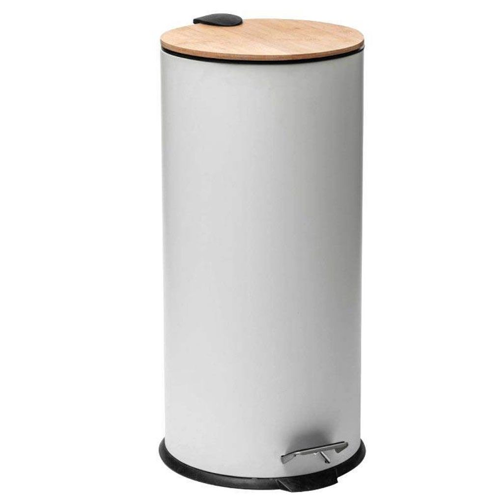 A white pedal bin with a bamboo lid and a silver pedal.