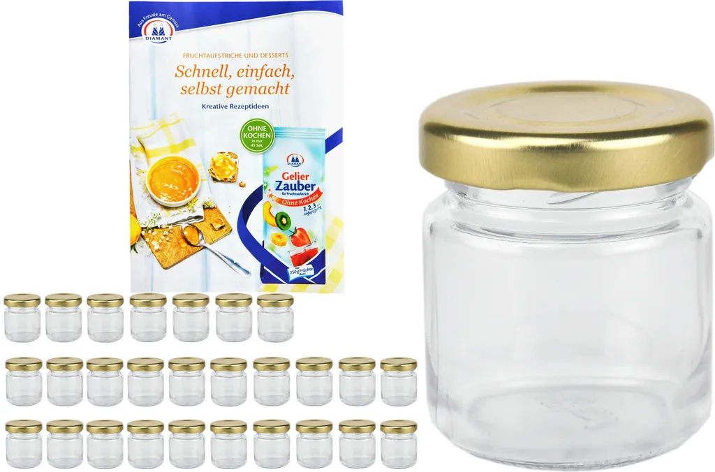 Set 28 Mini Barattoli Vetro 53ml Coperchio Oro per Conserve e Bomboniere