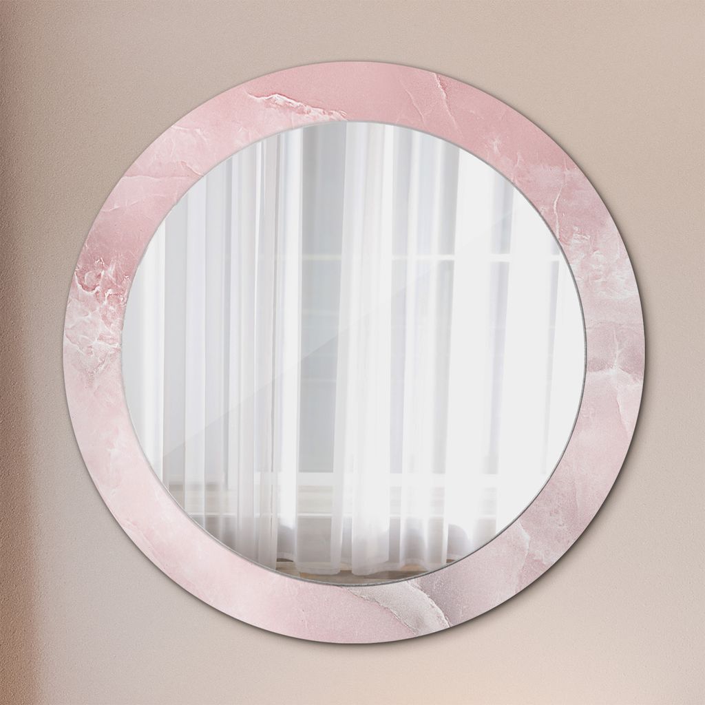Ø70cm Spiegel - Glasrahmen mit Aufdruck - Wandspiegel Schlafzimmer - Rosa Stein