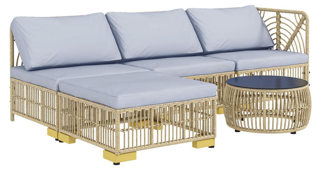 Zerbaco Gartenmöbel Set,5 teilig,Balkonmöbel,Ecksofa,Hocker,Stahlrahmen,Seilgeflecht Optik,komfortable Kissen,Hellgrau