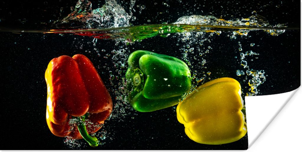 MuchoWow Poster Paprika - Gemüse - Wasser - Schwarz - Rot - Grün - Gelb 80x40 cm - Wanddeko