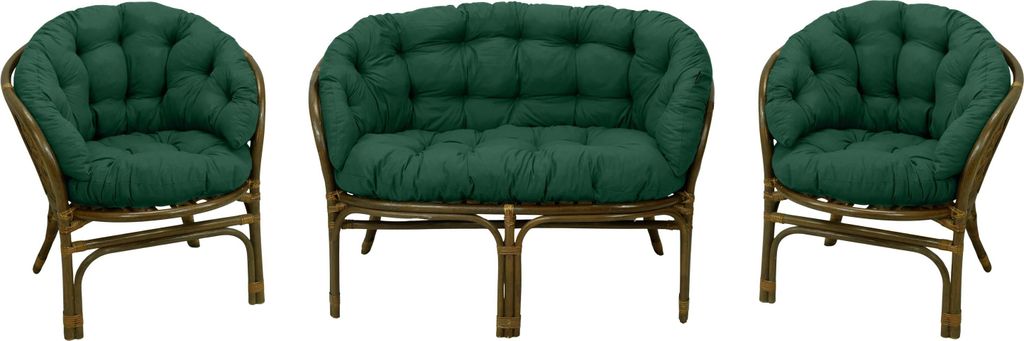 A set of rattan furniture with green cushions, including two chairs and a loveseat, displayed against a white background.