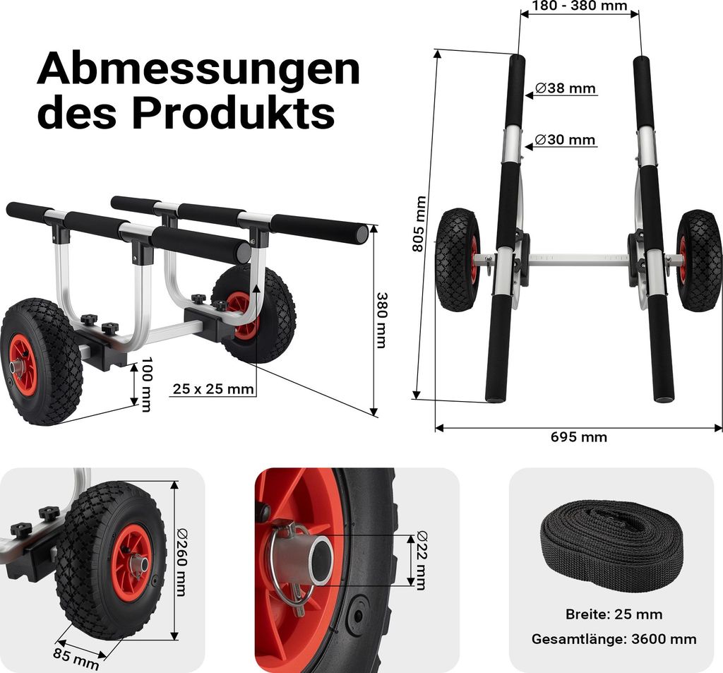 Carrello Trasporta Kayak VEVOR – Capacità 204 Kg, Telaio In Alluminio 2 Mm, Ruote Da 30,5 Cm Senza Gonfiaggio, Larghezza Regolabile 170-440 Mm