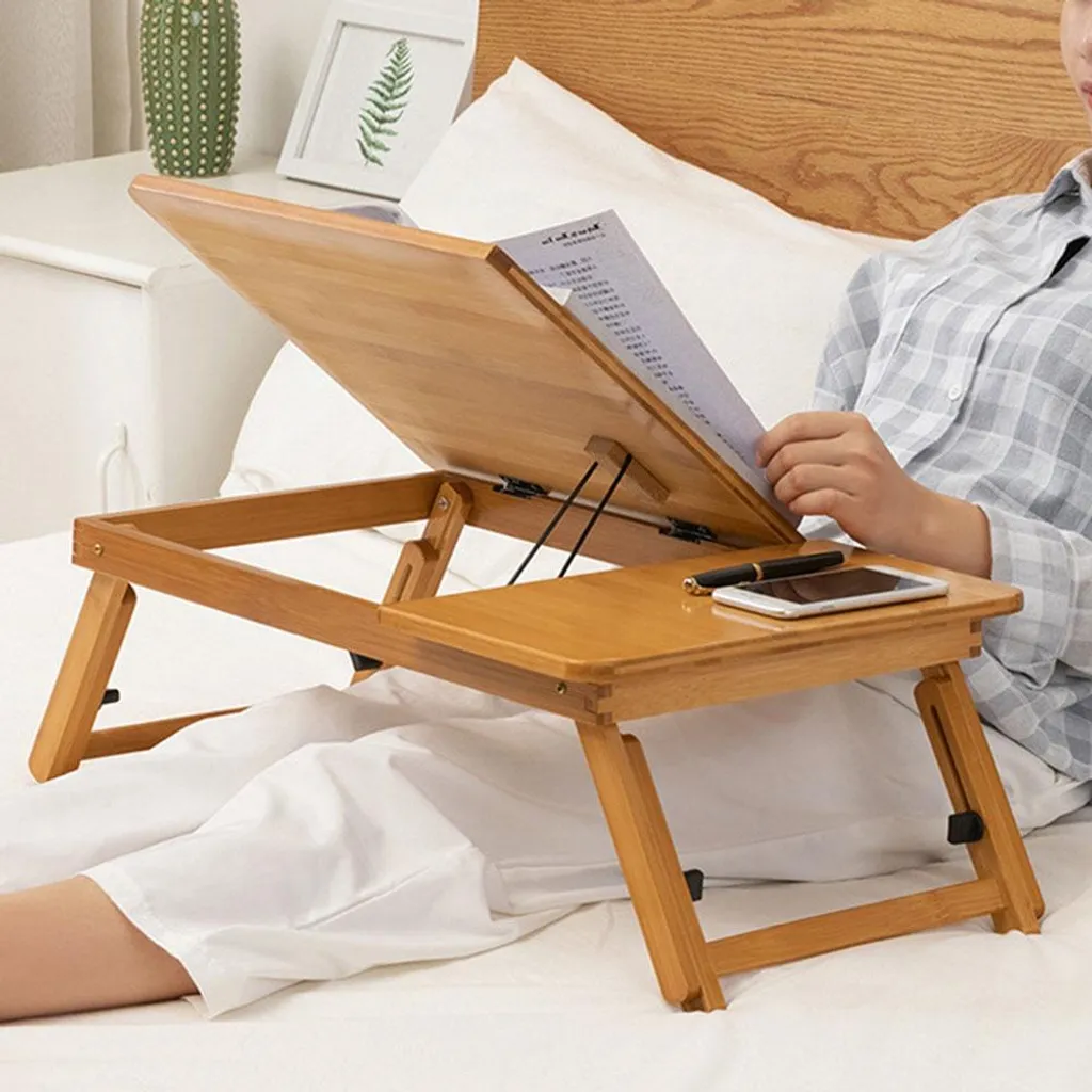 Bureau pour ordinateur portable d'étudiant en bambou modulable et pliable