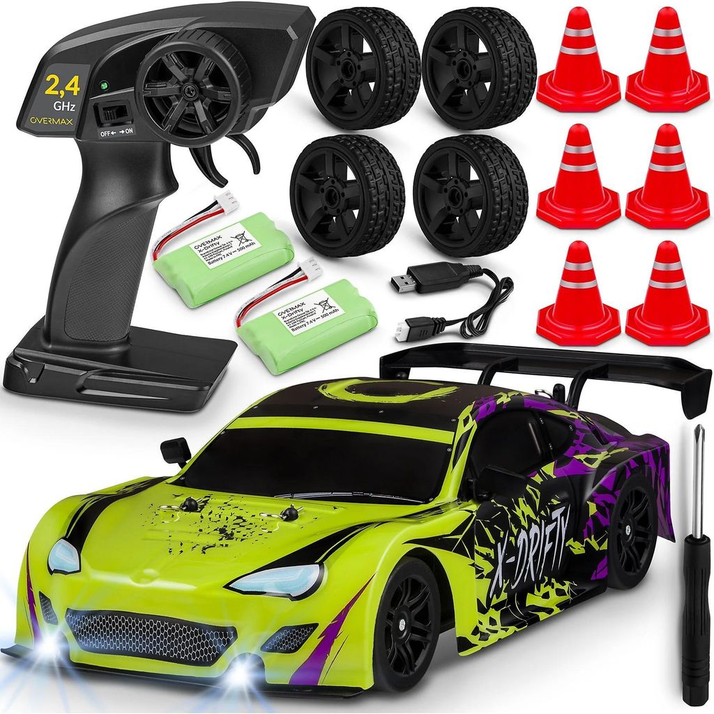 A collection of items for an RC car set, including the car, remote control, batteries, spare tires, and traffic cones.