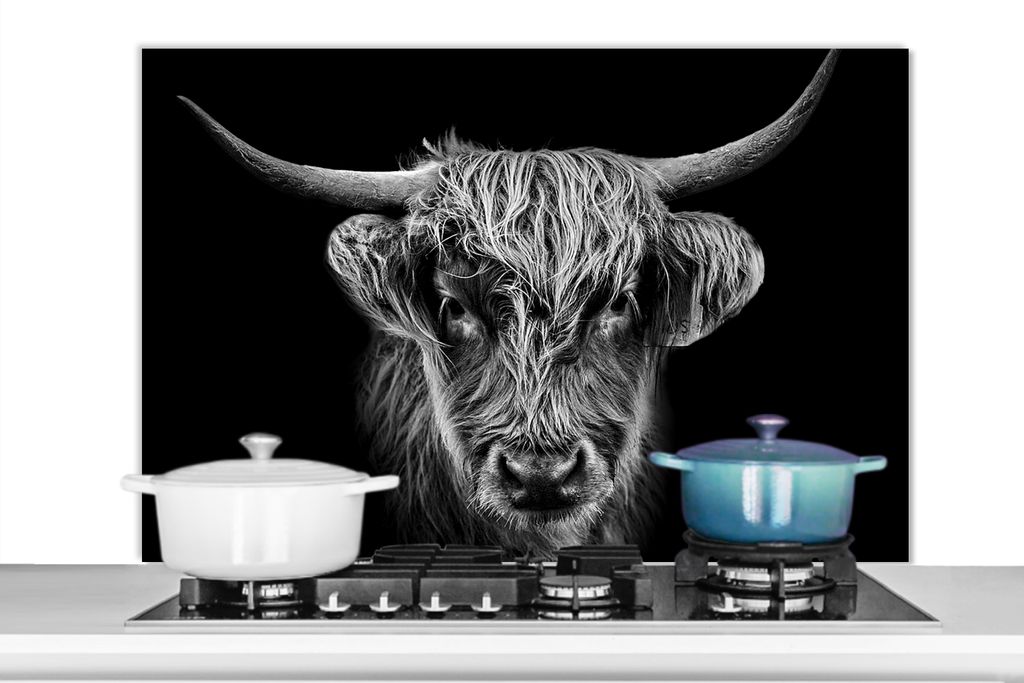 KitchenYeah Spritzschutz Küche - Küchenrückwand - Wandschutz für Herd und Spüle - Schottisches Hochlandrind - Schwarz - Kuh - Tiere 100x65 ...
