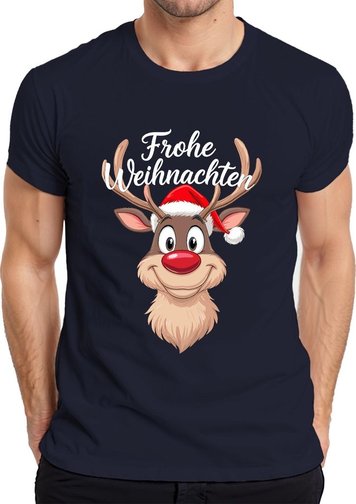Frohe Weihnachten Rentier Rudolf Weihnachtsmütze Lustig Cartoon Herren T-Shirt, Navy, S